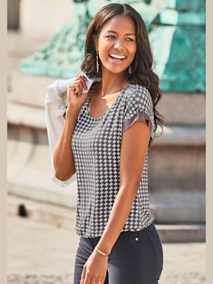 T-shirt manches courtes avec bordure unie et bouton doré - Vivance - Taupe, Noir