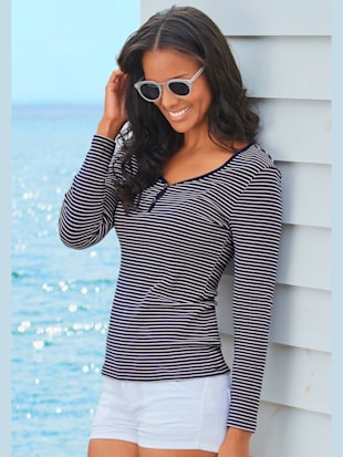 T-shirt manches longues encolure ronde avec patte de boutonnage plaquée - Beachtime - Marine-rose À 