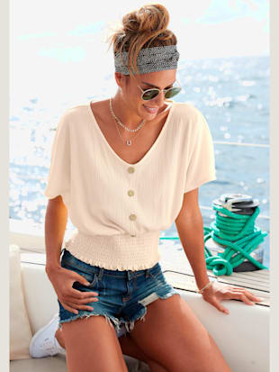 T-shirt en v fausse patte de boutonnage devant - LASCANA - Crème