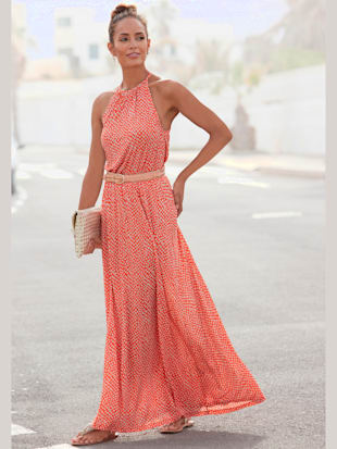 Robe longue encolure haute froncée - LASCANA - Rouge-taupe Imprimé