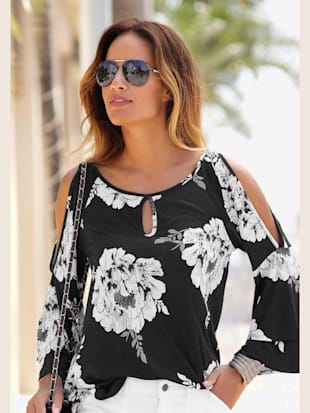 T-shirt à manches 3/4 encolure trou de serrure devant - LASCANA - Noir-blanc Imprimé