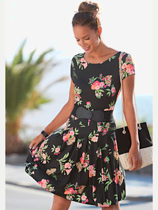 Robe imprimée large encolure - Vivance - Noir-fuchsia Imprimé