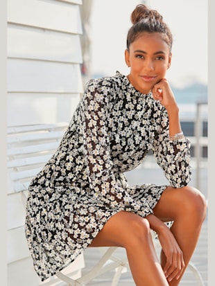 Robe en mousseline encolure avec bord volanté - LASCANA - Noir-blanc Imprimé