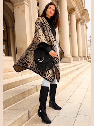 poncho en tricot poncho moelleux avec imprimé léopard tendance en matière douce - lascana - couleur chamois-noir