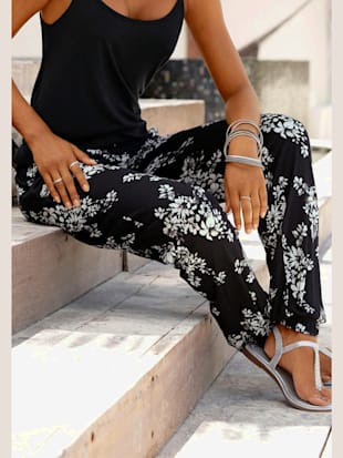 Pantalon de plage pantalon d'été en tissu avec imprimé floral - LASCANA - Noir-crème