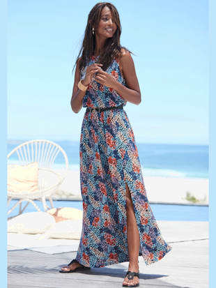 robe longue encolure ronde - s.oliver - bleu-corail imprimé