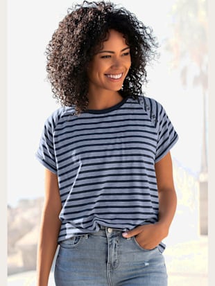 t-shirt à manches courtes encolure ronde avec bord-côtes ouverts - elbsand - bleu-marine à rayures