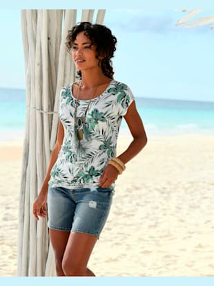 T-shirt long t-shirt lascana au joli imprimé palmier - LASCANA - Blanc-vert