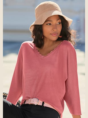 T-shirt à manches 3/4 fine dentelle au col v - LASCANA - Rose