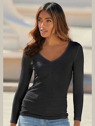 T-shirt manches longues col v avec petites fronces - LASCANA - Noir, Blanc