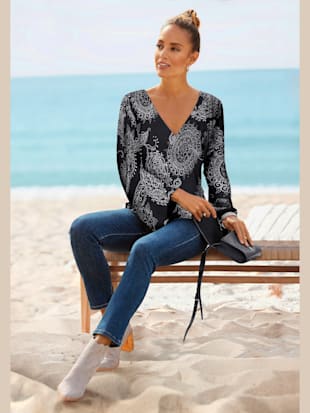 T-shirt à manches 3/4 encolure en v dégagée - Vivance - Noir-blanc Imprimé