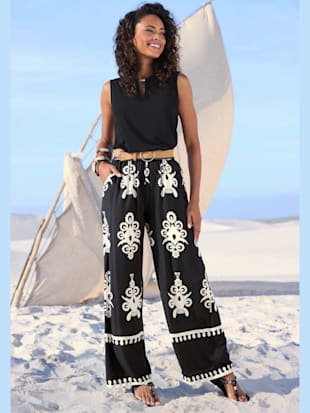 Pantalon+large+ceinture+elastique+-+LASCANA+-+noir-sable+imprime