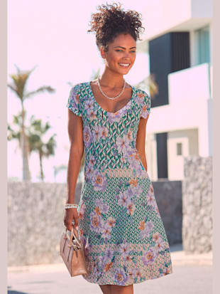 robe d'été manches courtes - lascana - vert-violet imprimé