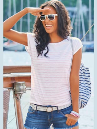 T-shirt manches à bords francs avec ourlet à revers - Beachtime - Blanc-rose