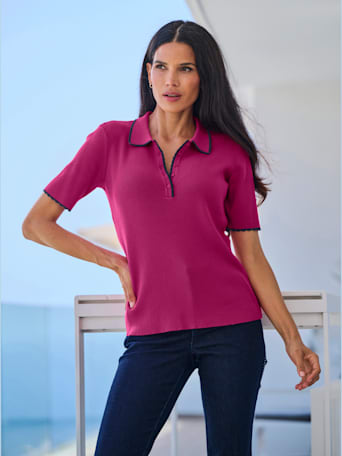 Pull à manches courtes col polo avec bord ondulé - Ashley Brooke - fuchsia-bleu foncé