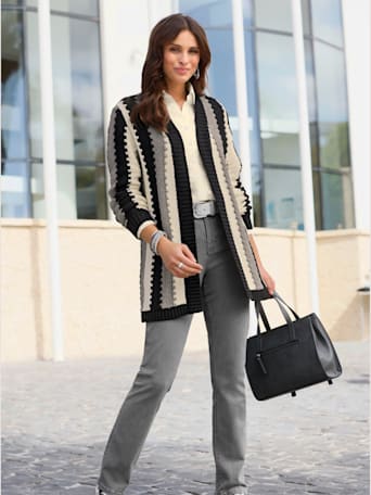 Veste longue en tricot 100% coton -  - noir-couleur ivoire à motifs