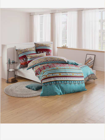 Linge de lit flanelle fine douce - wäschepur - turquoise-terre cuite imprimé