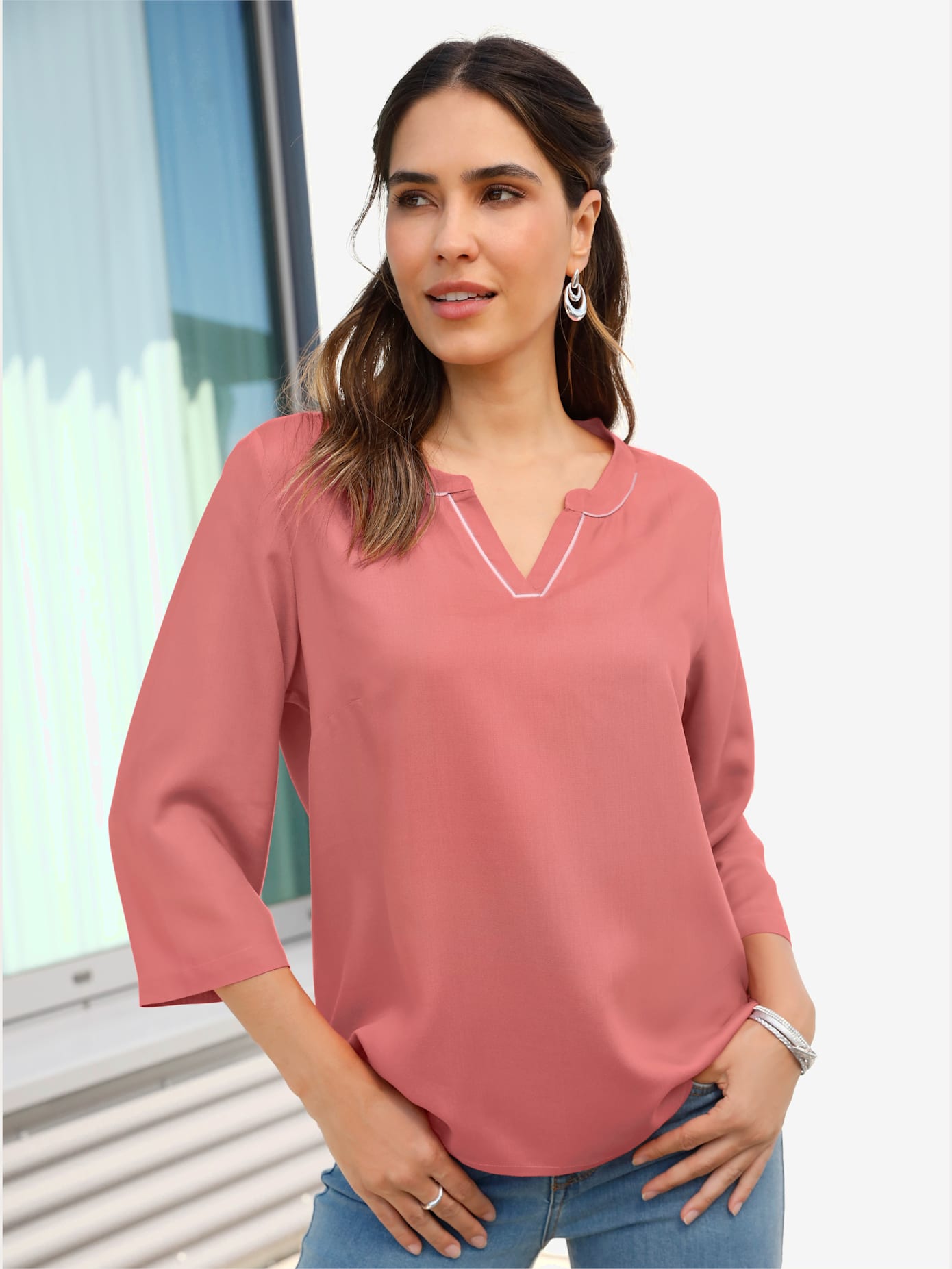 Chemisier ruban argenté à l'encolure , rose flamant, taille 50 - MODA VILONA - Mode Femme et Homme