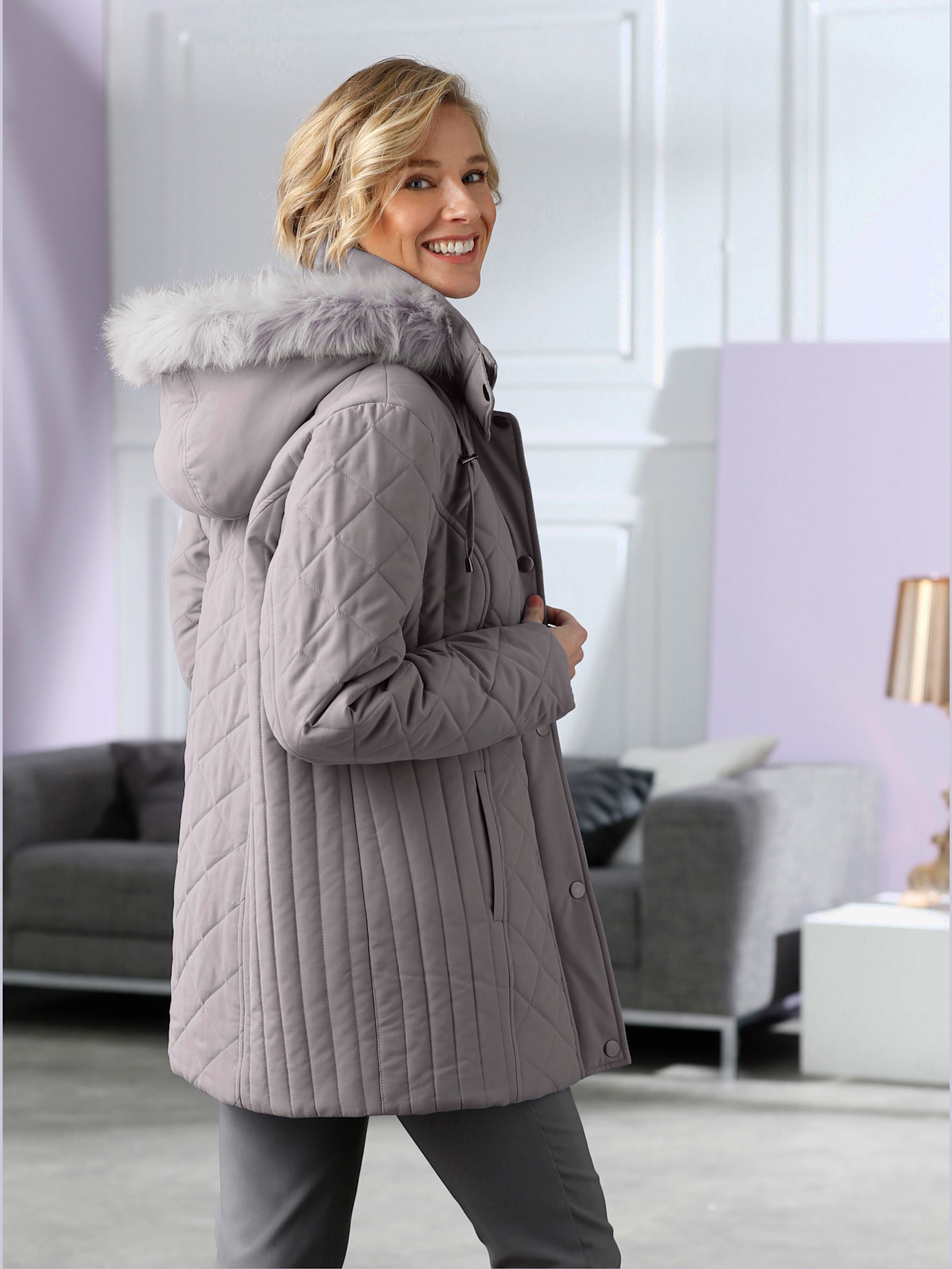 Doudoune capuche amovible avec empiècement imitation fourrure , gris, taille 56 - MODA VILONA - Mode Femme et Homme