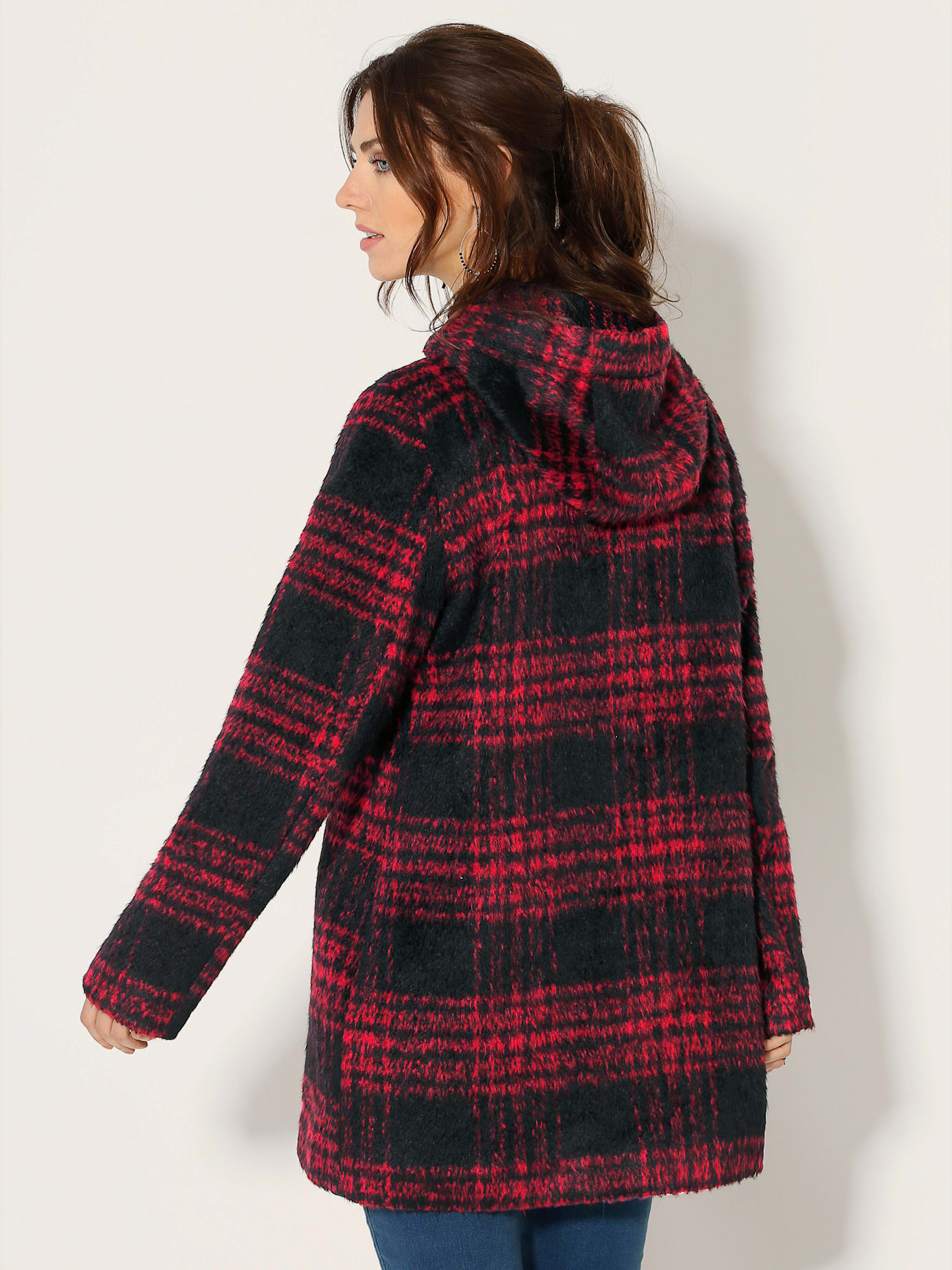Manteau cintrée à carreaux avec capuche , noir-rouge à carreaux, taille 56 - MODA VILONA - Mode Femme et Homme
