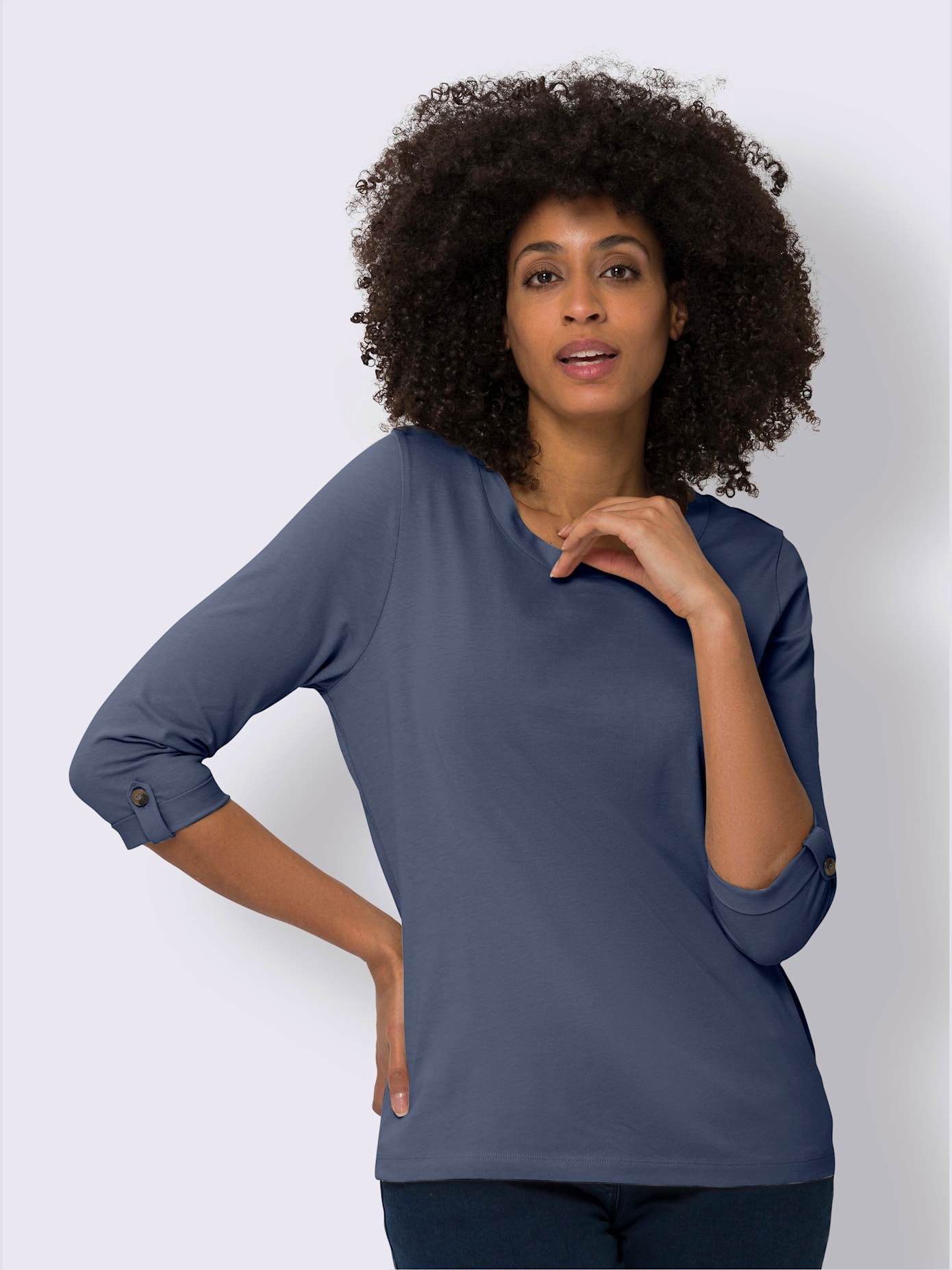 T-shirt à manches 3/4 manches 3/4 avec bride et bouton , bleu fumée, taille 54 - MODA VILONA - Mode Femme et Homme