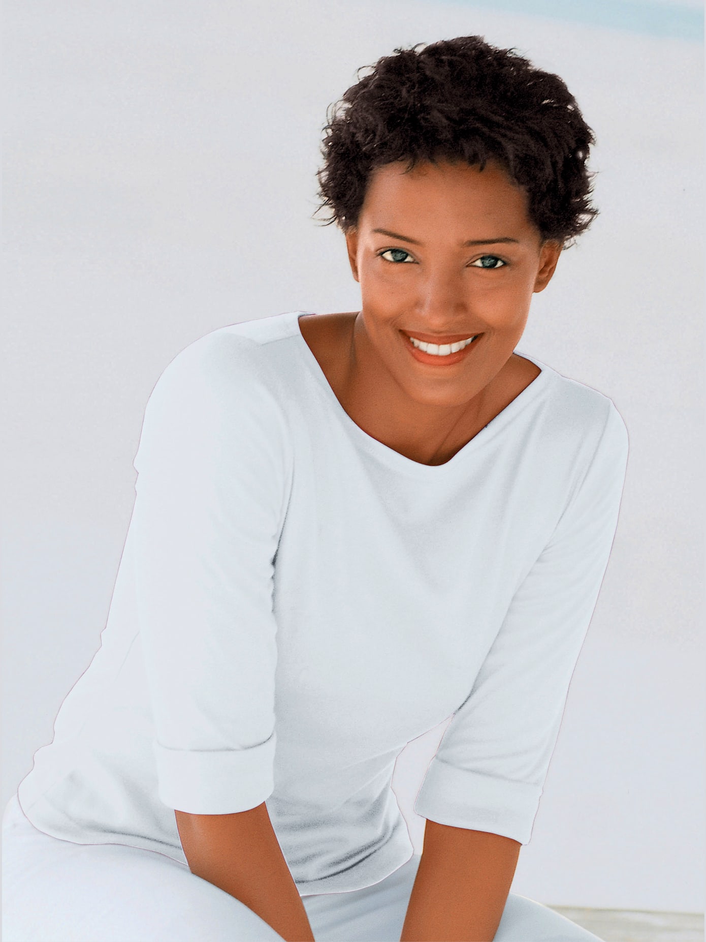 T-shirt en coton basique col rond manches 3/4 , blanc, taille 58 - MODA VILONA - Mode Femme et Homme