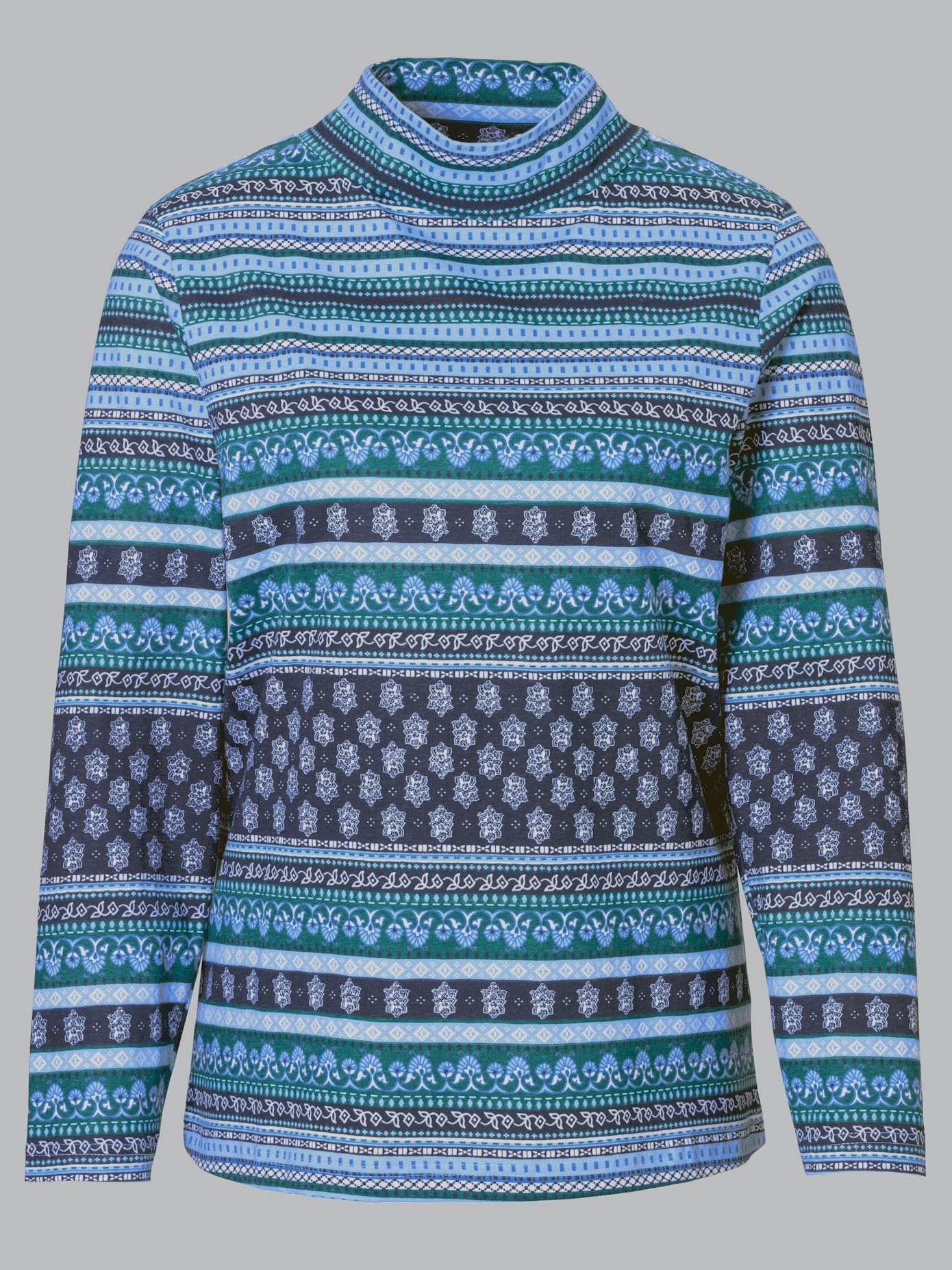T-shirt imprimé motif cachemire col montant manches longues , turquoise à rayures, taille 44 - MODA VILONA - Mode Femme et Homme