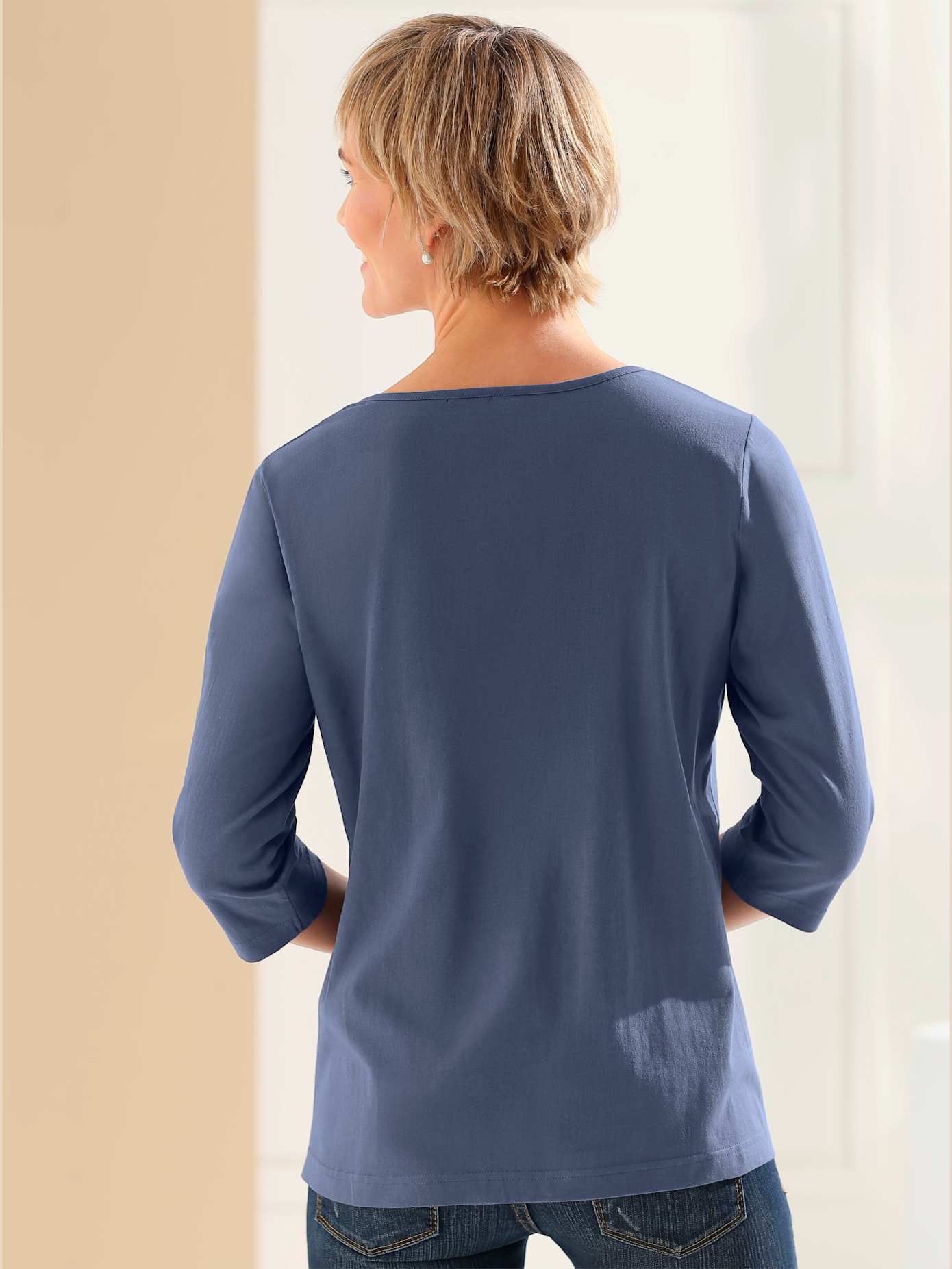 T-shirt col tunisien imprimé ethnique manches 3/4 , bleu jean, taille 46 - MODA VILONA - Mode Femme et Homme