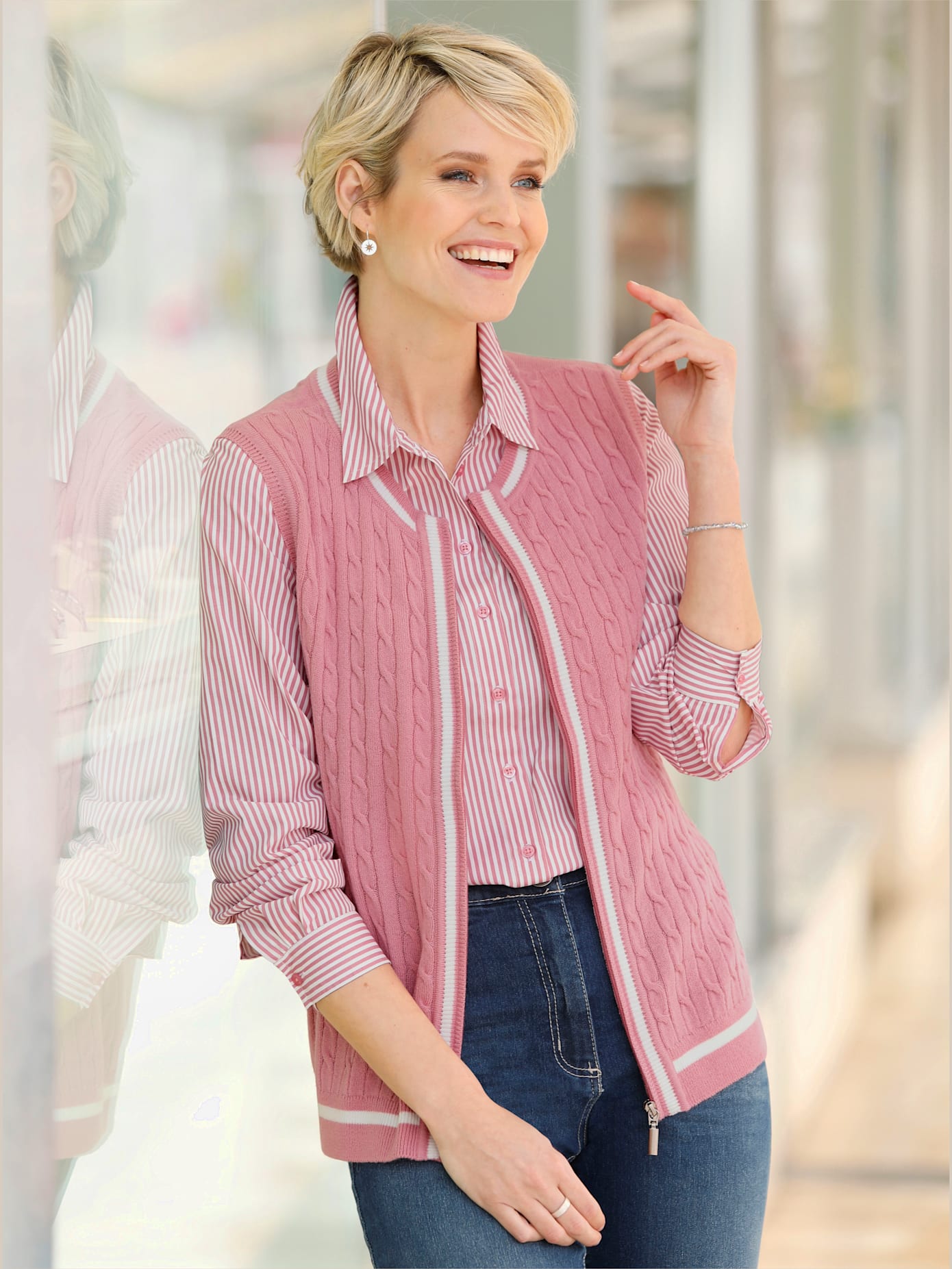 Gilet en tricot motif torsadé devant , vieux rose, taille 54 - MODA VILONA - Mode Femme et Homme