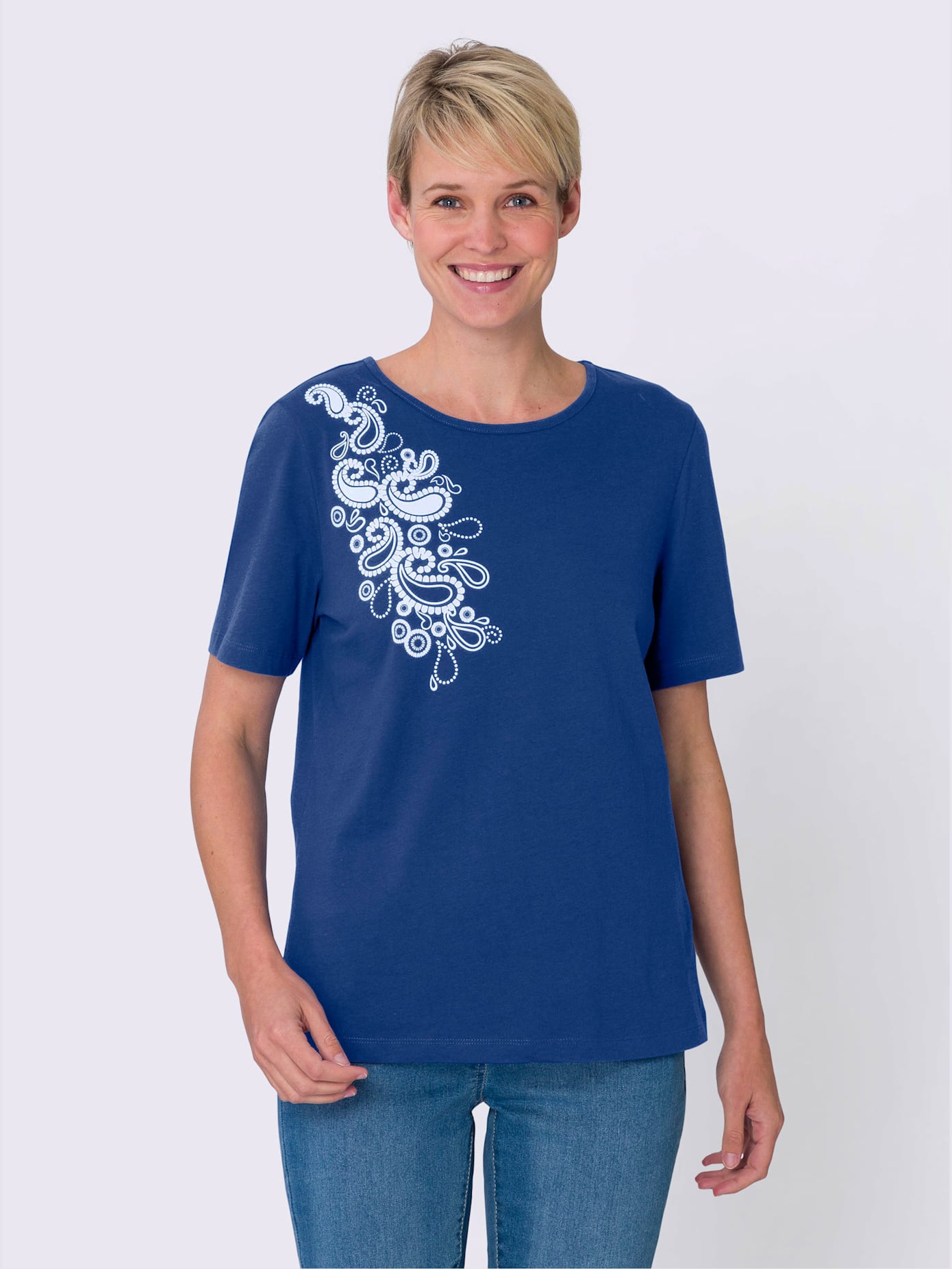T-shirt élégant imprimé paisley , bleu roi-blanc, taille 54 - MODA VILONA - Mode Femme et Homme