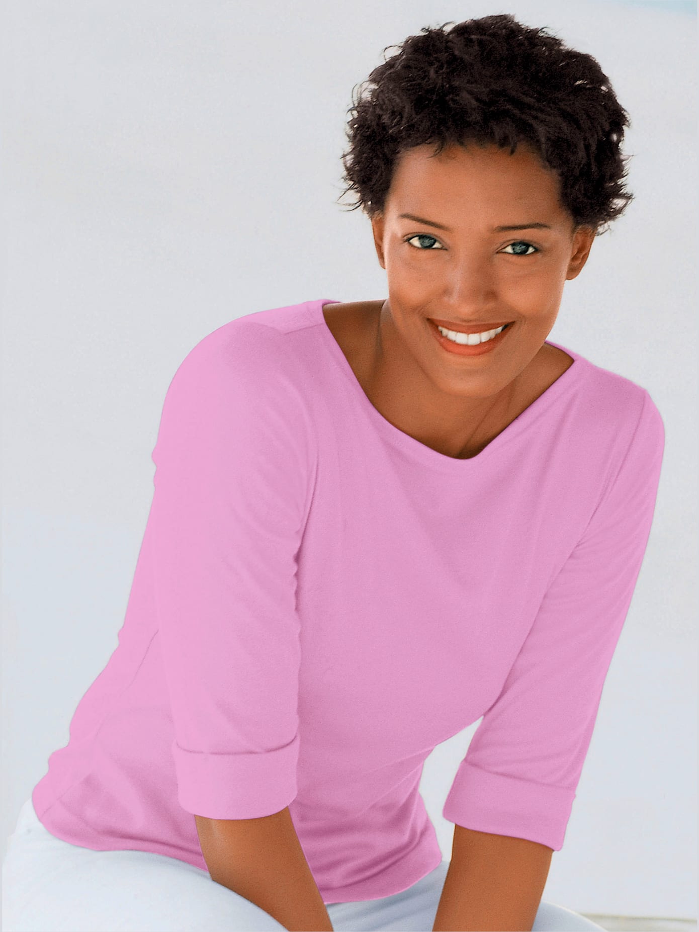 T-shirt en coton basique col rond manches 3/4 , rose, taille 50 - MODA VILONA - Mode Femme et Homme