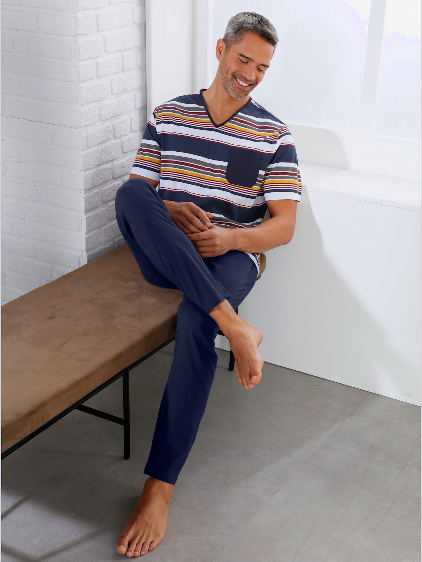 Pyjama-t-shirt jersey fin , bleu nuit-blanc à rayures, taille 60/62 - MODA VILONA - Mode Femme et Homme