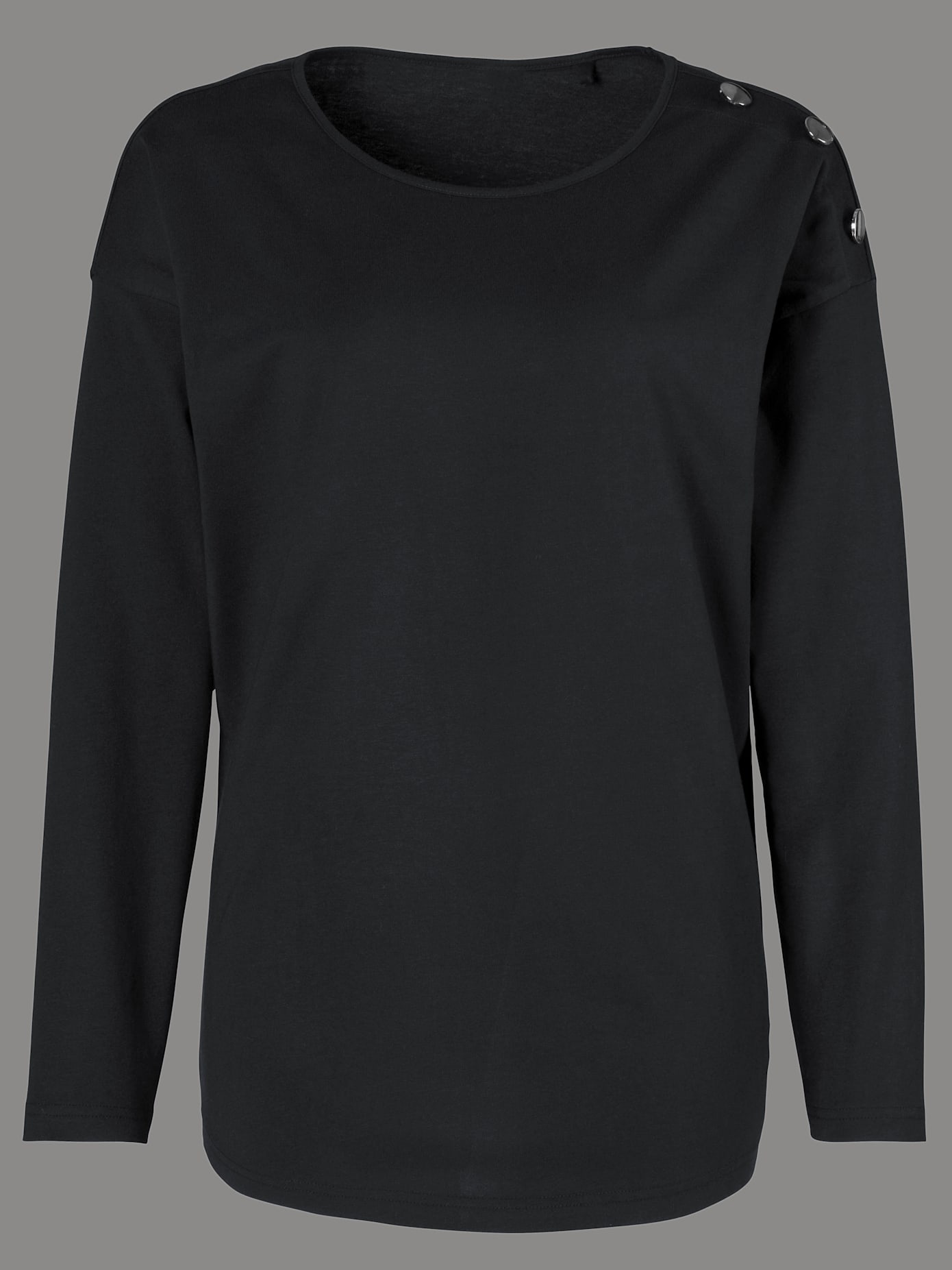 T-shirt en coton col rond manches longues boutons décoratifs , noir, taille 42 - MODA VILONA - Mode Femme et Homme