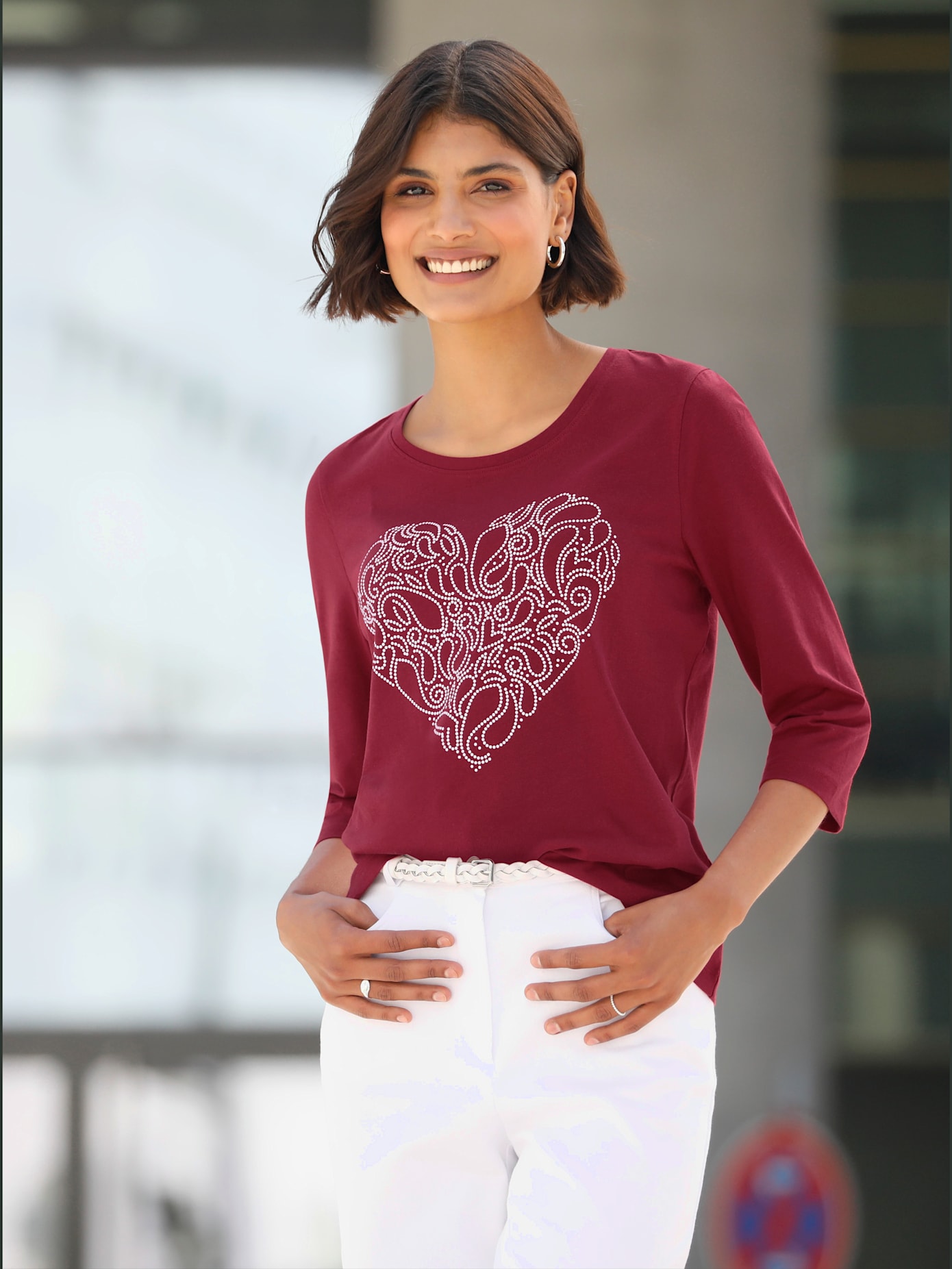 T-shirt à manches 3/4 à encolure ronde , cerise-blanc, taille 56 - MODA VILONA - Mode Femme et Homme