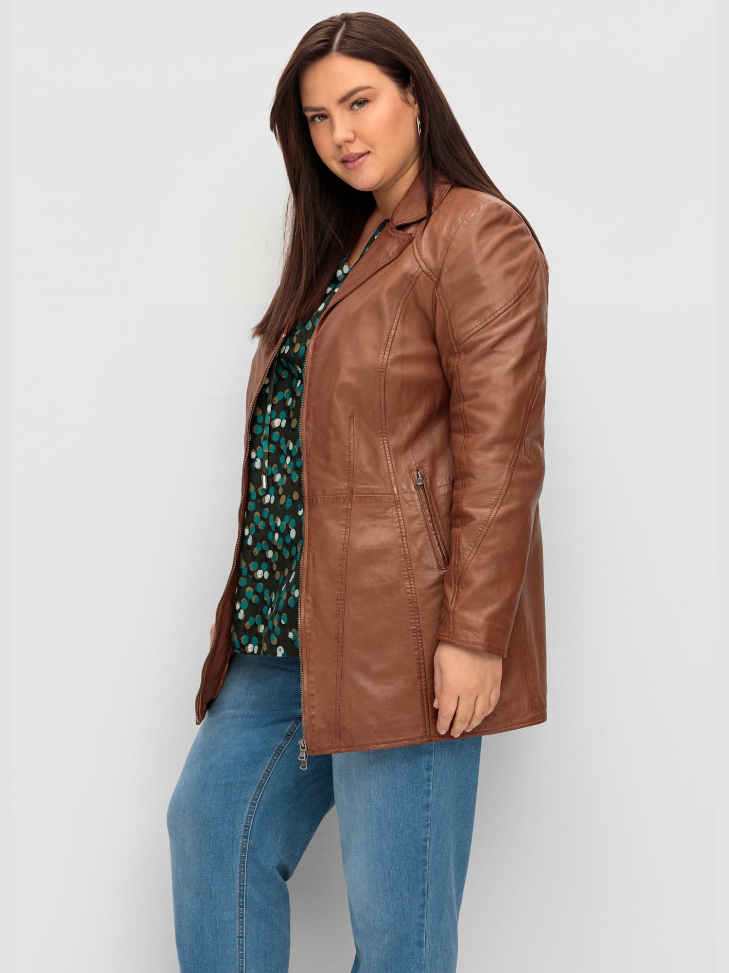 Veste en cuir, marron moyen uni, taille 56, Sheego - helline