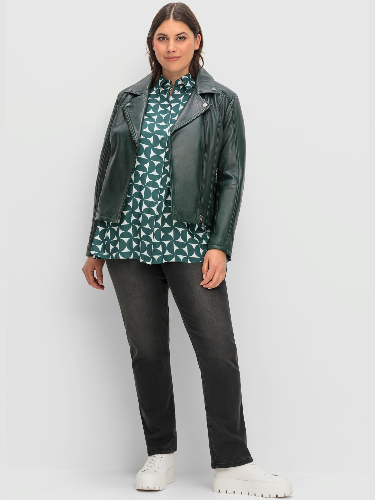 Veste motard, vert foncé uni, taille 50, Sheego - helline