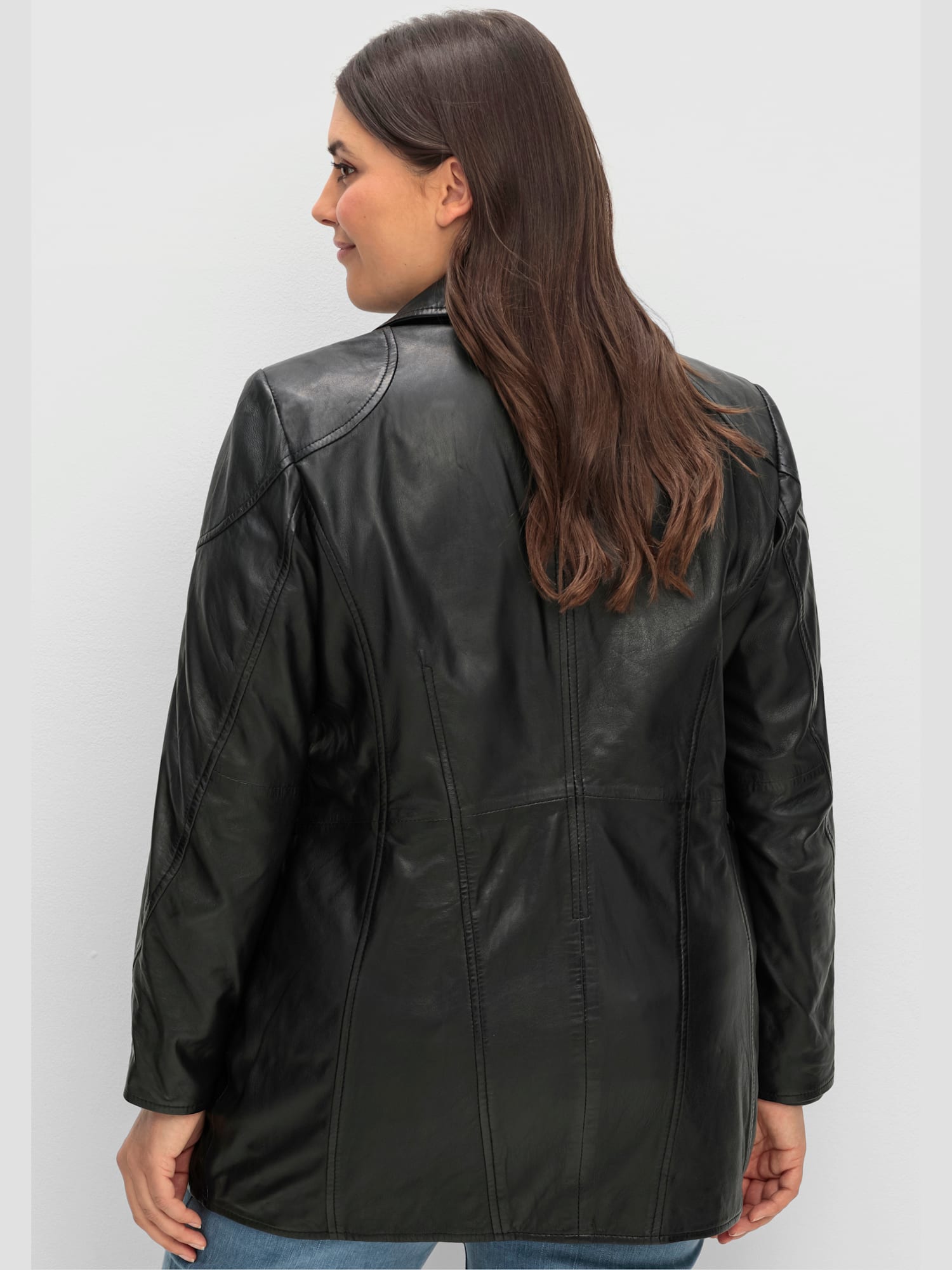 Veste en cuir, couleur : noir uni, taille 54, marque Sheego, 100% cuir d'agneau nappa - helline