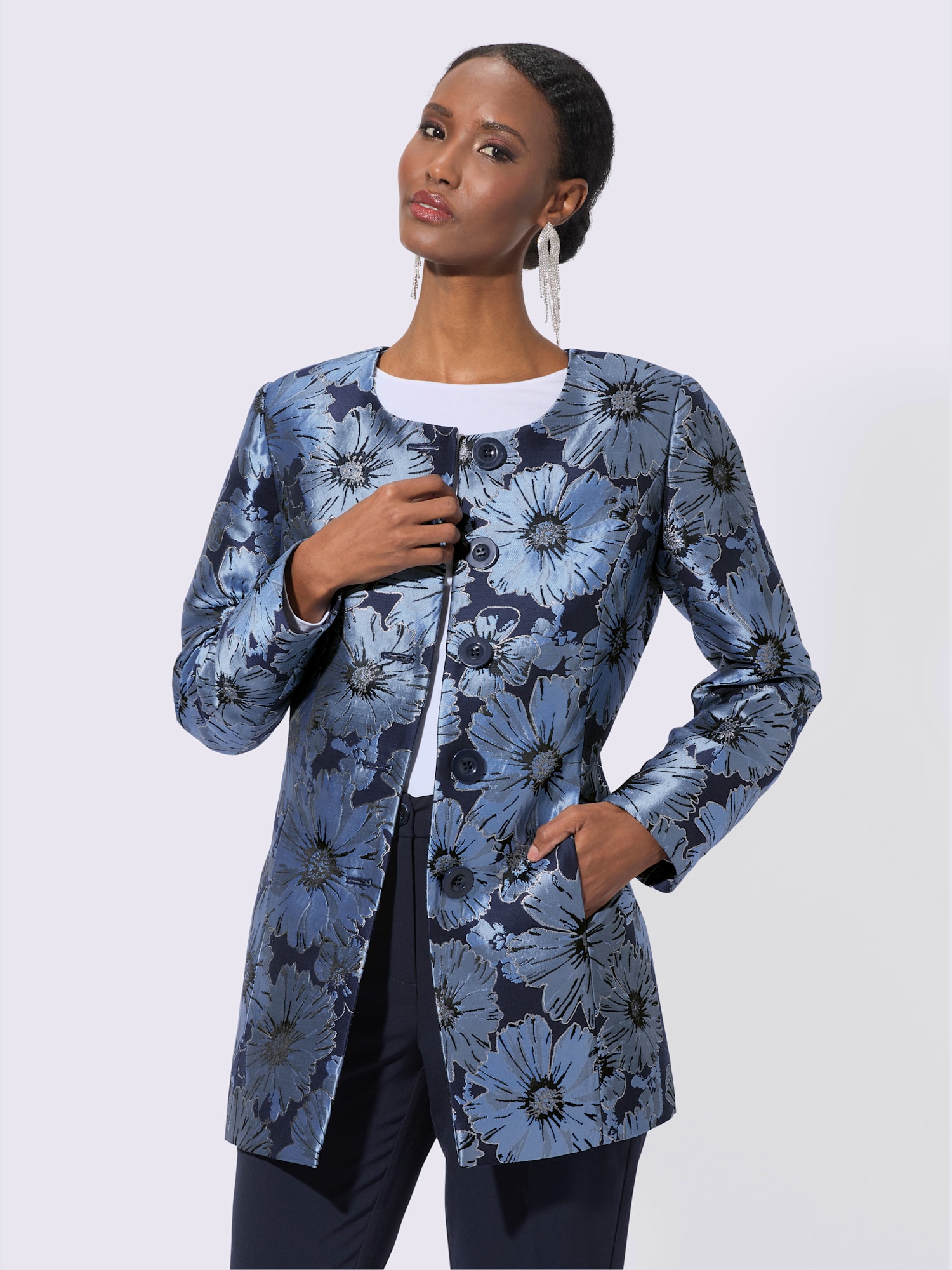 Blazer long jacquard de qualité, couleur bleu, taille 42, marque Creation L - Witt