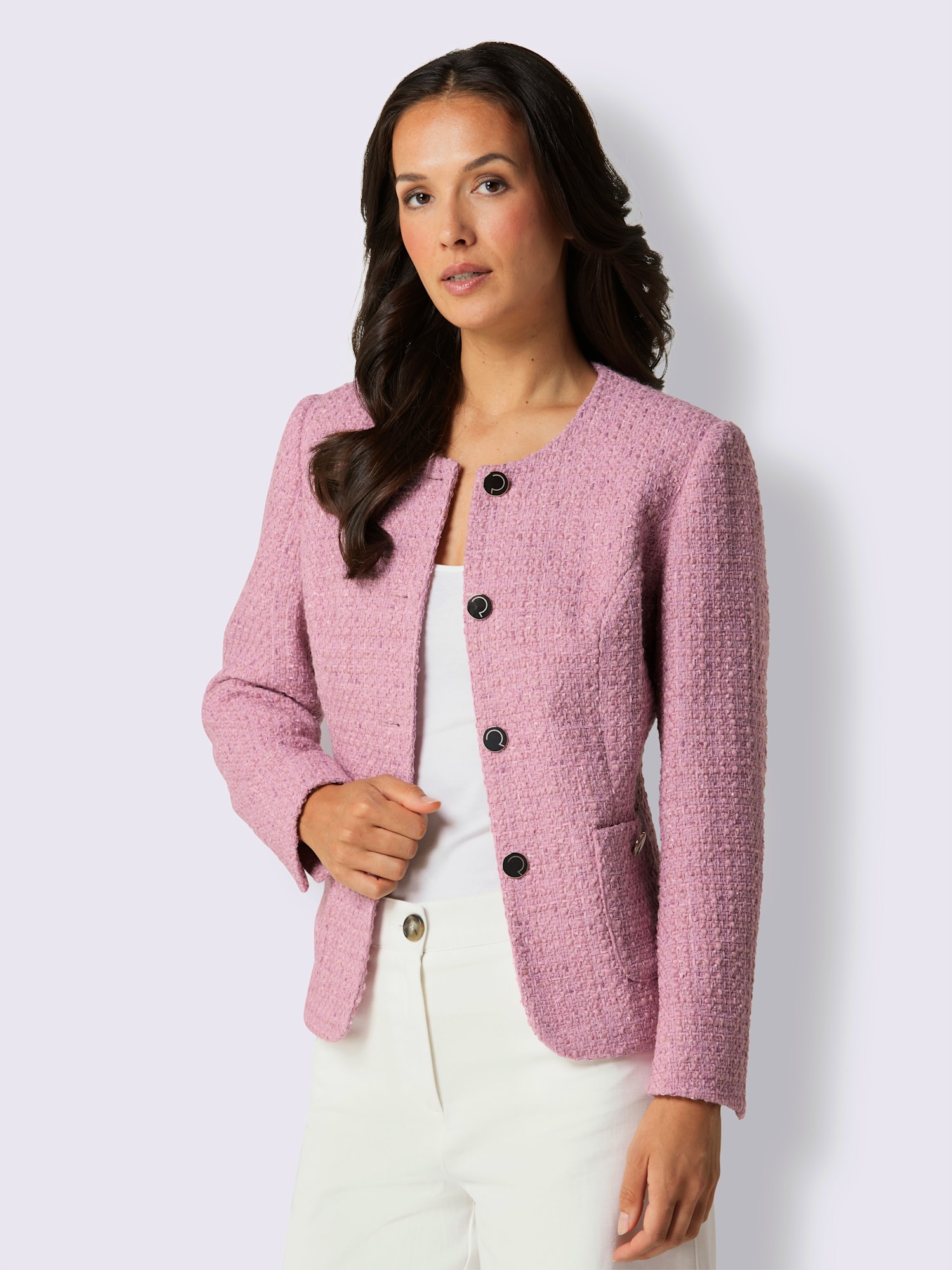 Blazer bouclé 30% laine, couleur rose, taille 42, marque CREATION L PREMIUM - helline