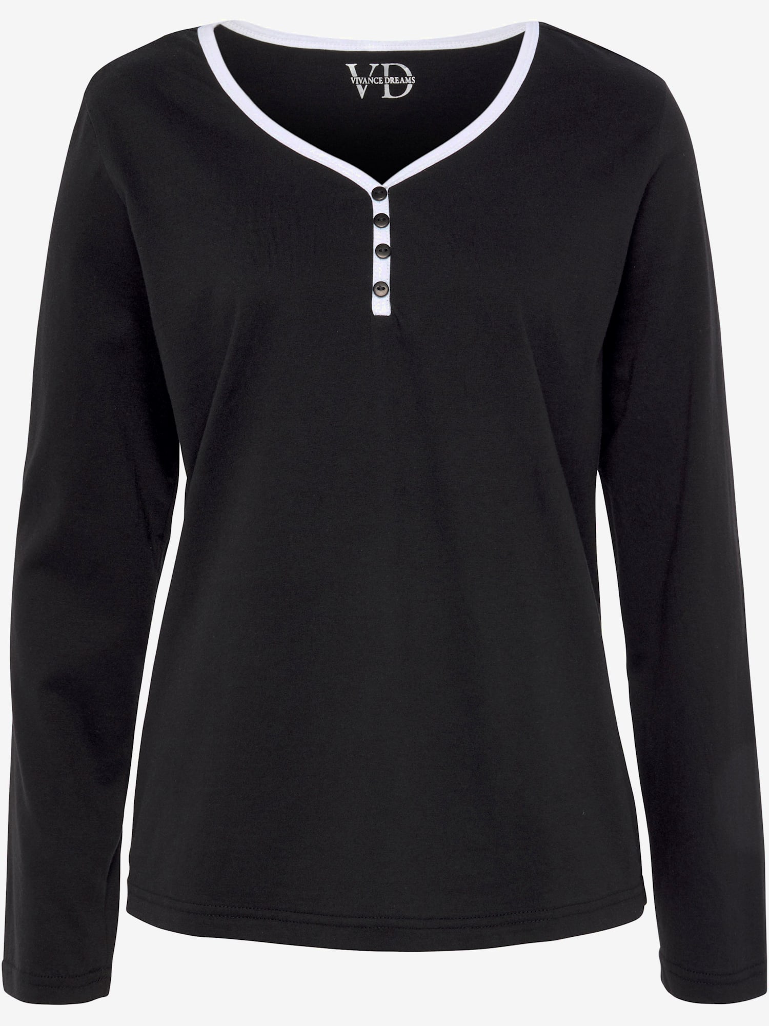 Haut de pyjama t-shirt à manches longues avec encolure en v arrondie, couleur : noir uni, taille 38/40, marque Vivance Dreams by Lascana, 100% coton -
