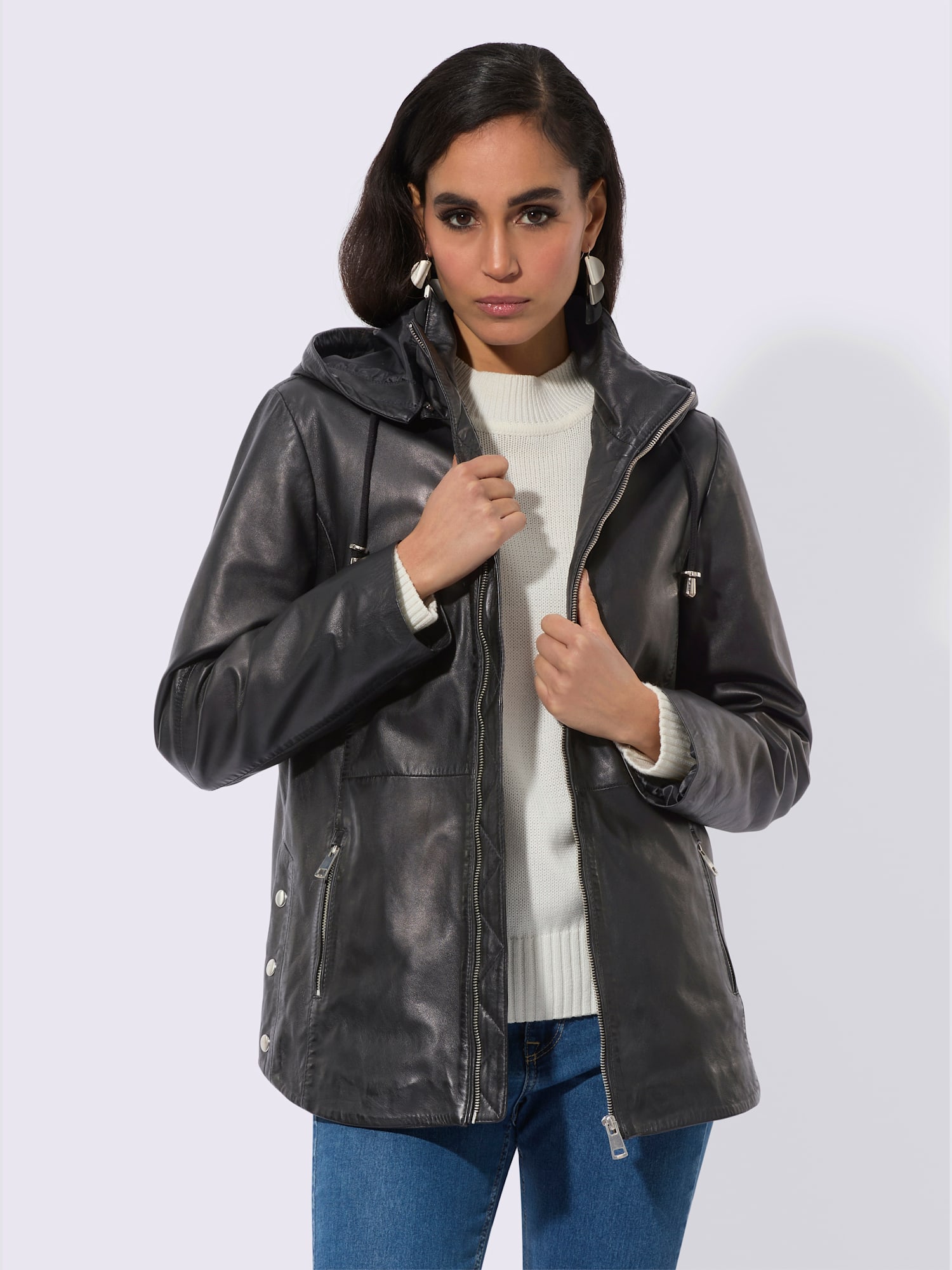 Veste en cuir cuir agneau nappa doux, couleur noir, taille 52, marque Creation L - helline