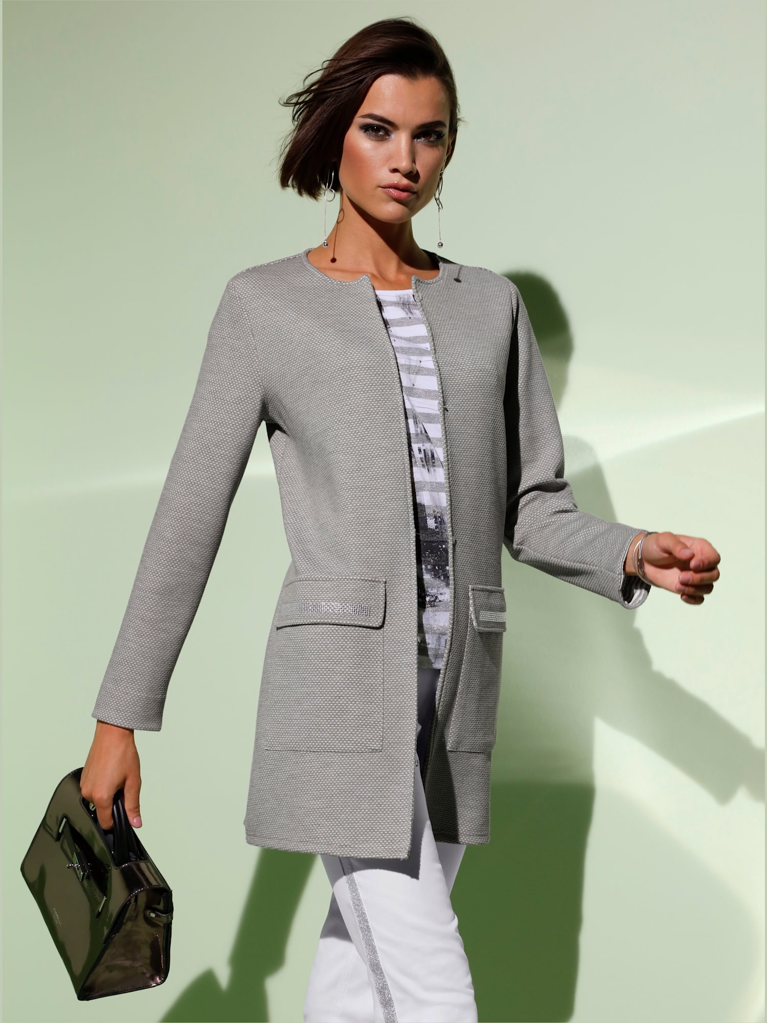 Blazer long qualité jersey extensible, souple et confortable, couleur gris, taille 40, marque Creation L - helline