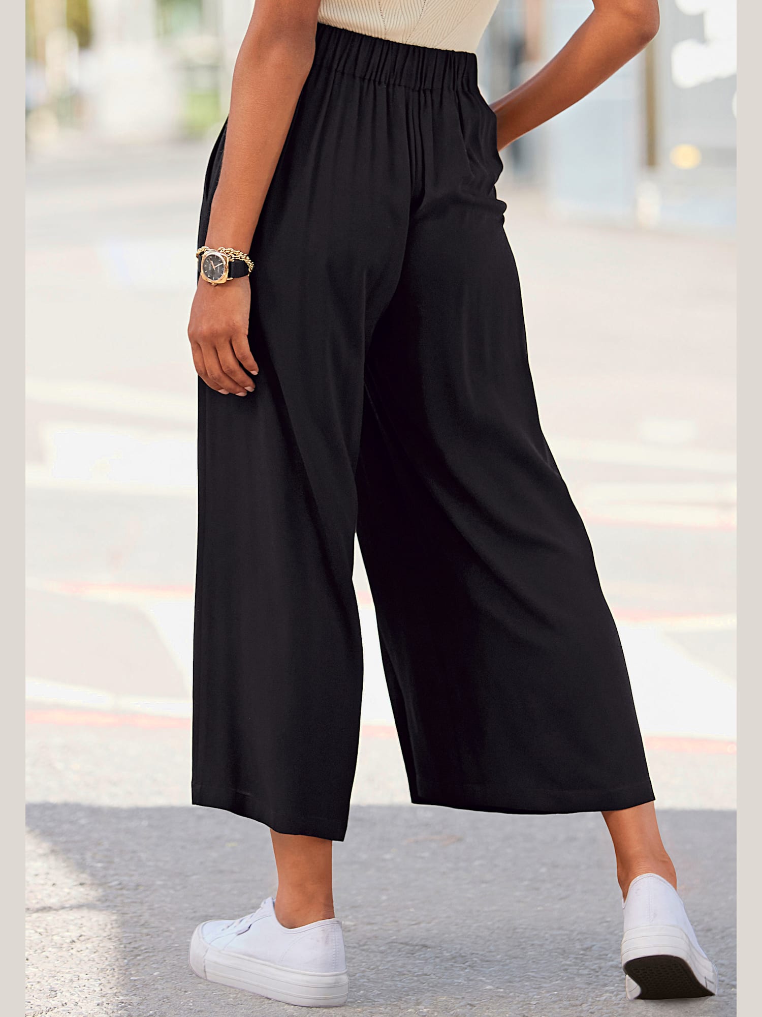 Pantalon large large ceinture avec élastique au dos, couleur noir, taille 44, marque LASCANA - helline
