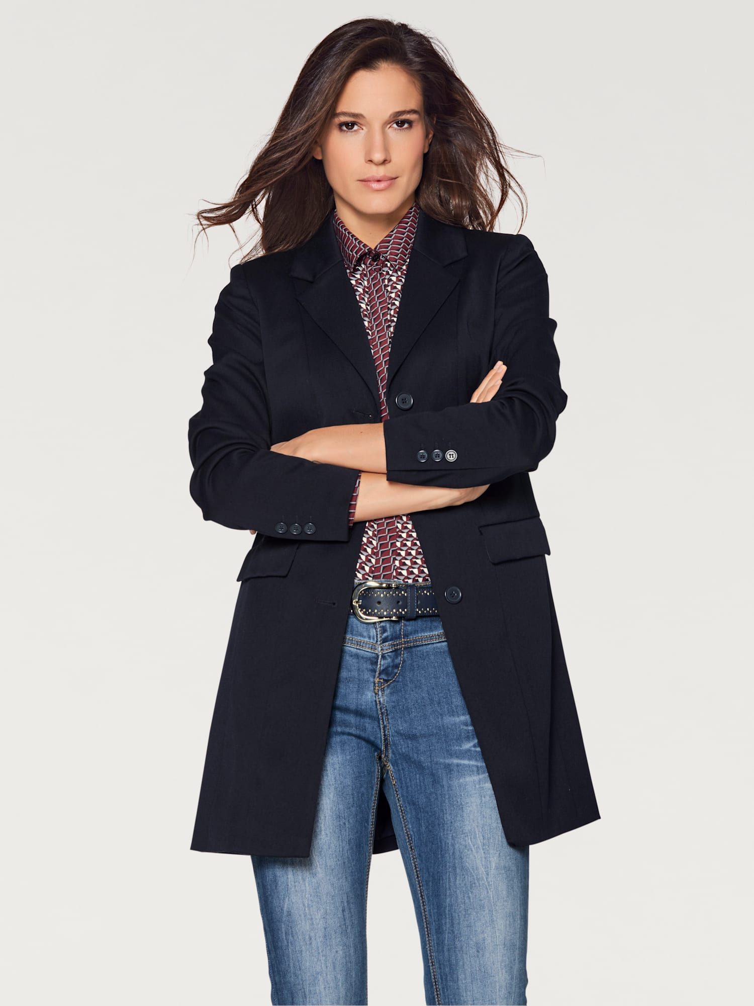 Blazer long coupe tendance, couleur bleu, taille 38, marque Ashley Brooke - helline