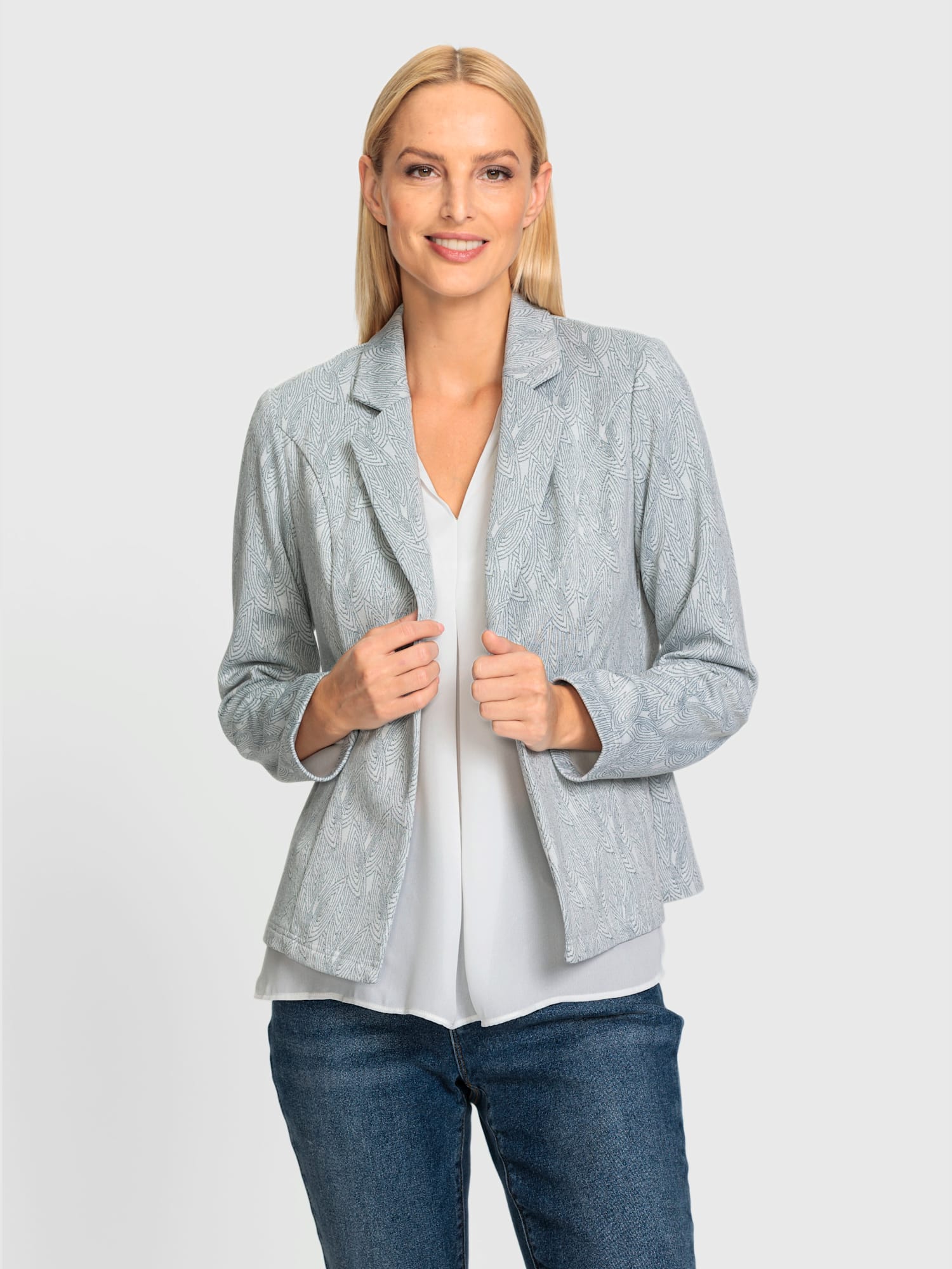 Blazer en jersey joli motif jacquard, couleur bleu, taille 38, marque Rick Cardona - helline