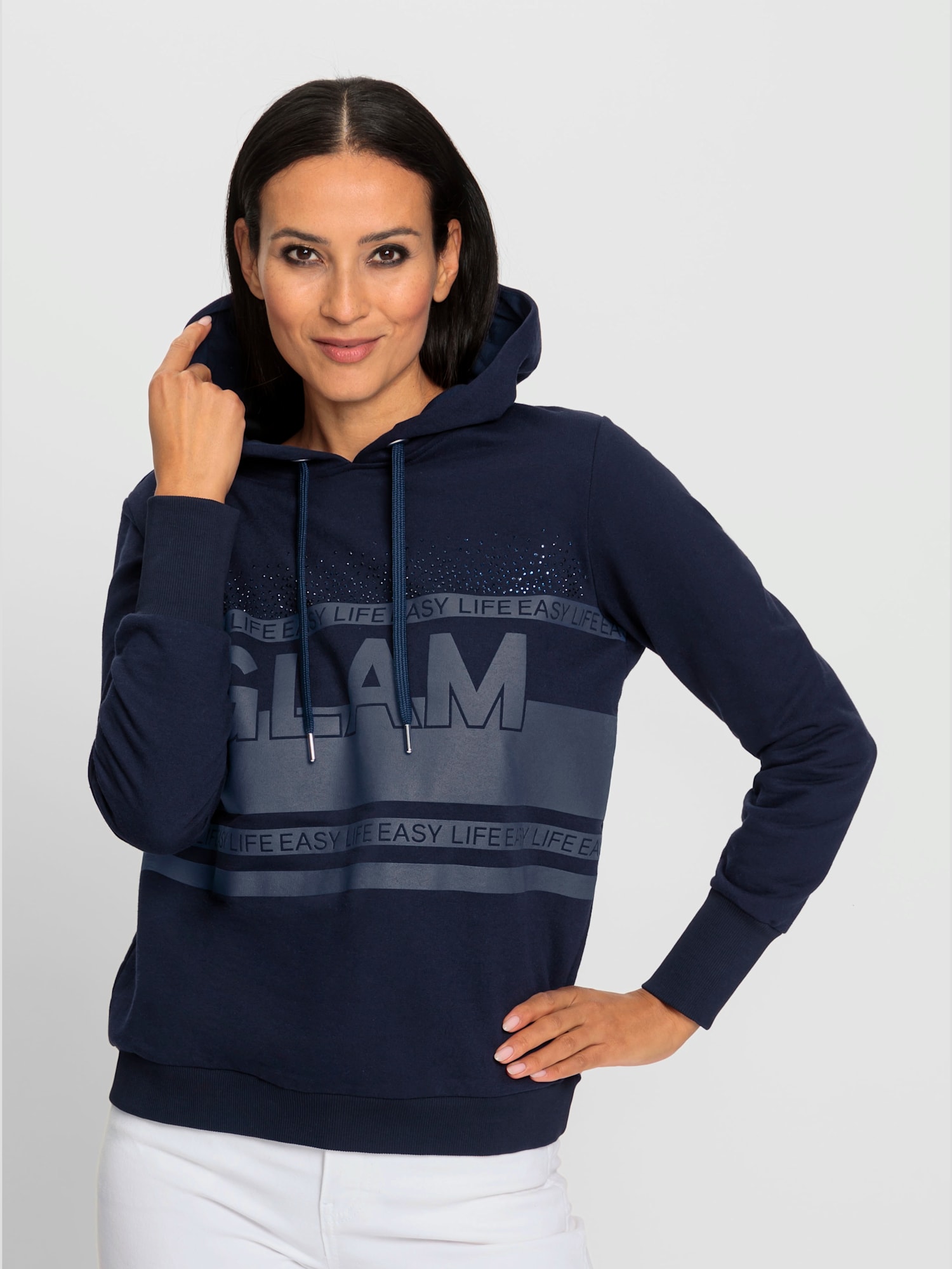 Sweatshirt à capuche motif imprimé avec pierres brillantes fantaisie, couleur bleu, taille 46, marque Rick Cardona - helline