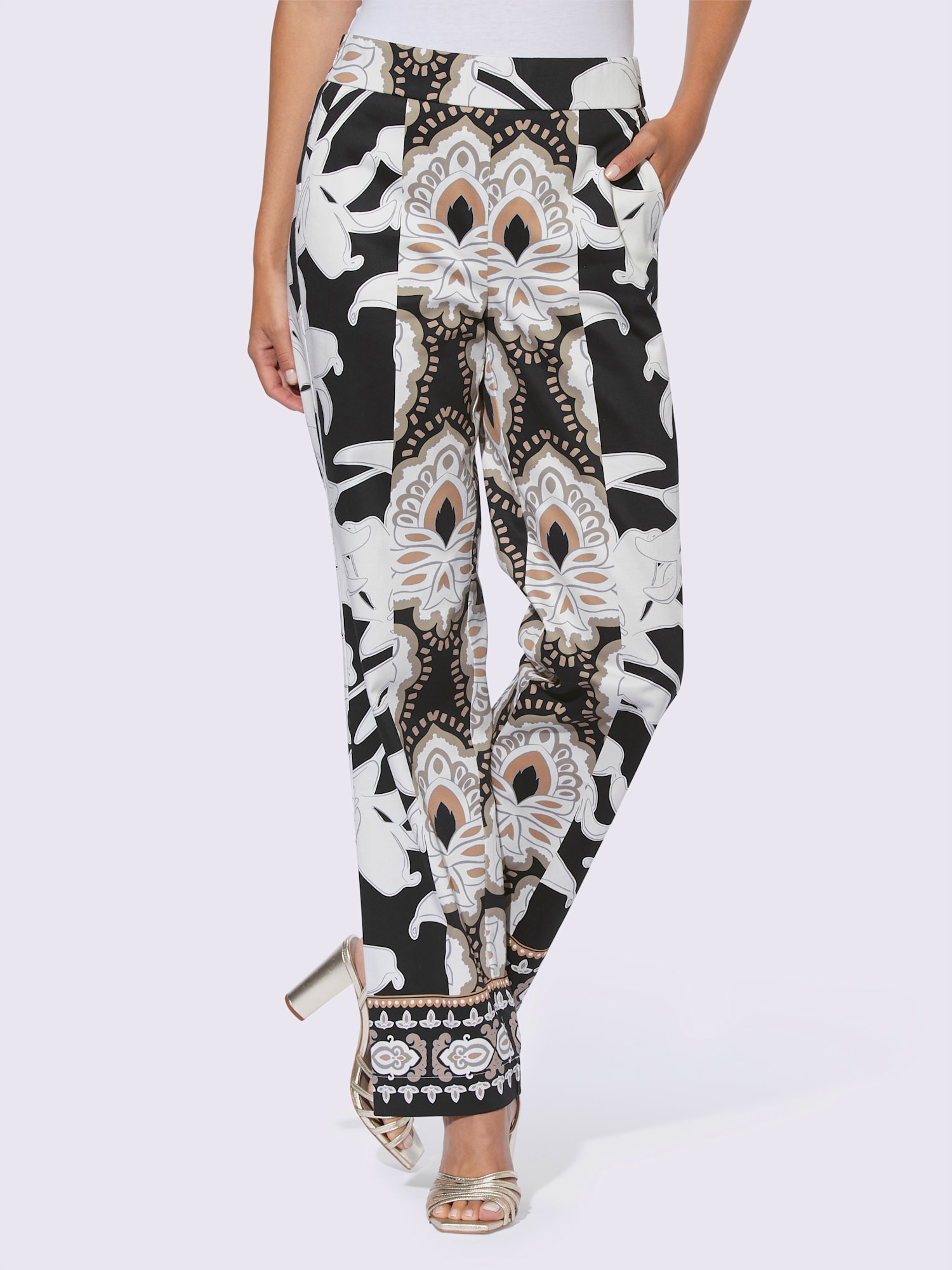 Pantalon imprimé bordures imprimées, couleur noir, taille 42, marque Ashley Brooke - helline
