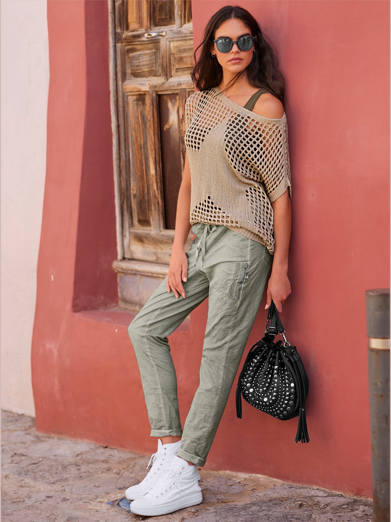 Pantalon délavage « oil dyed » tendance, couleur vert, taille 46, marque Mandarin - helline
