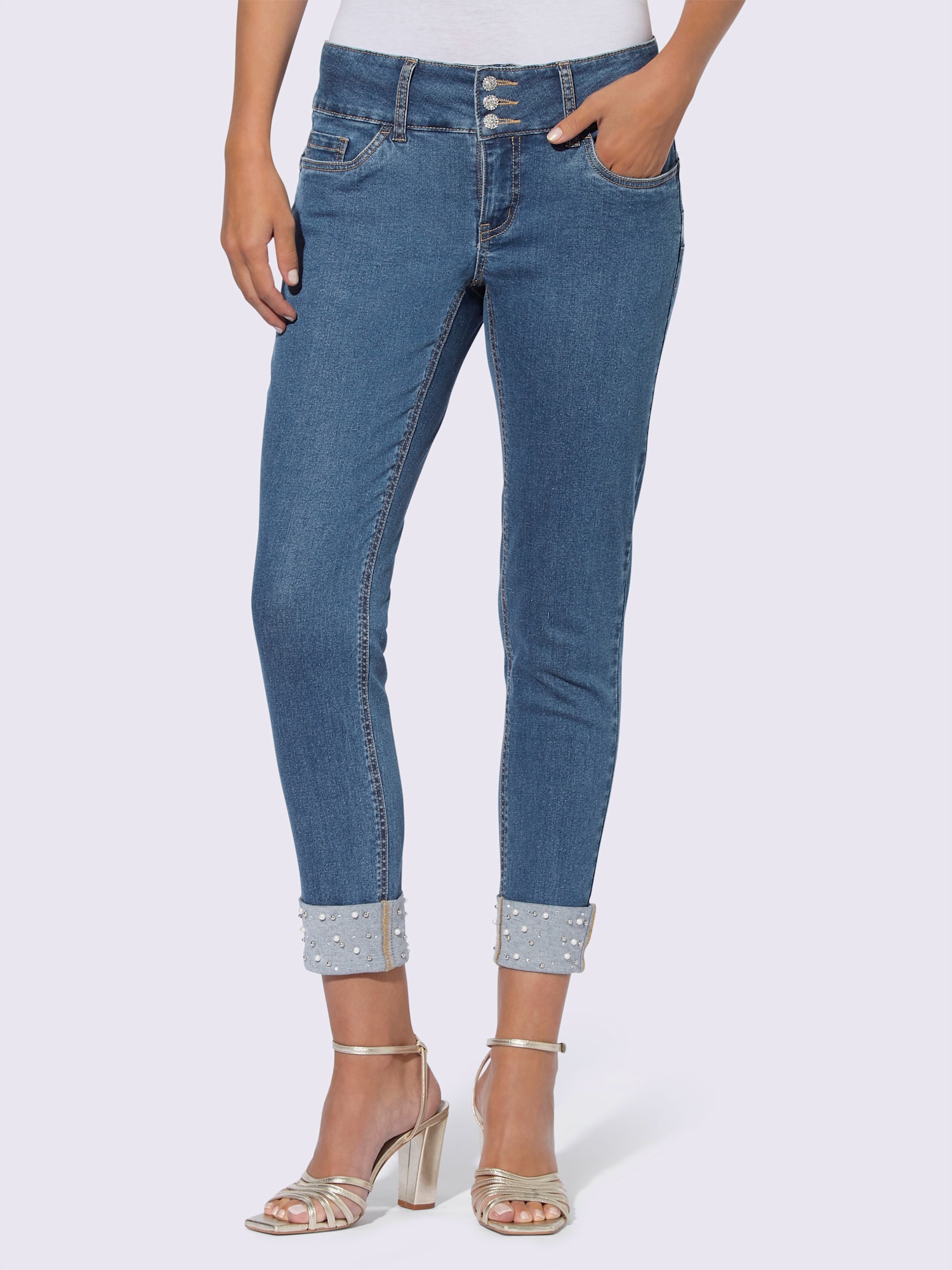 Jean push-up perles et petites pierres brillantes fantaisie, couleur bleu, taille 50, marque Ashley Brooke - helline