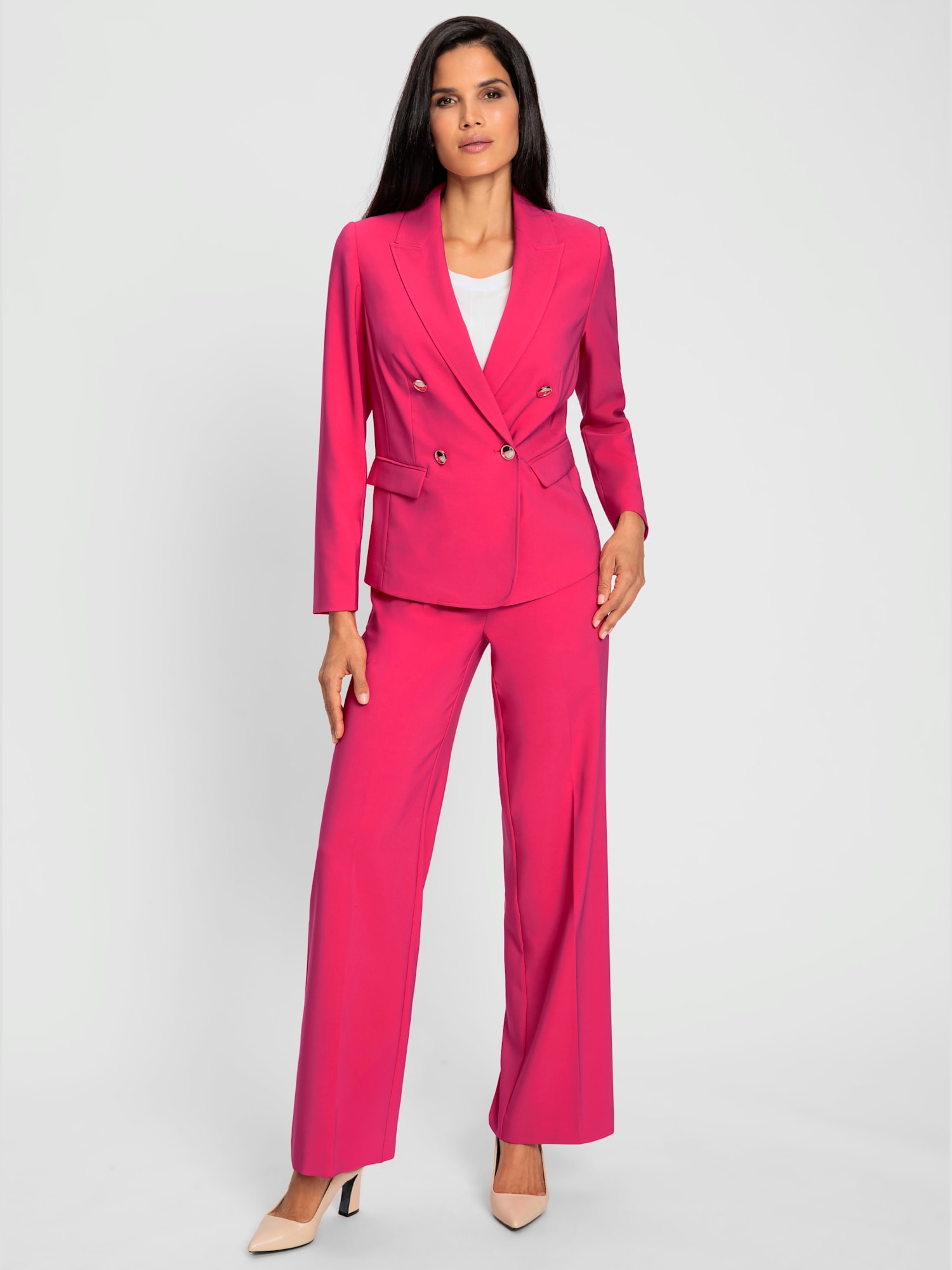 Tailleur pantalon boutons fantaisie dorés, couleur rose, taille 48, marque Ashley Brooke - helline